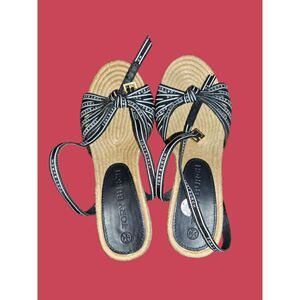 Women's Tory Burch Black/White Logo Ribbon Wedge Sandals Heels Size 5.5 (4459)